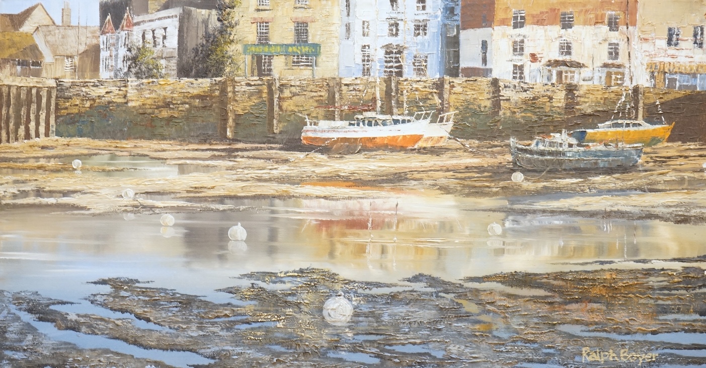 Ralph Boyer, Harbour view with beached fishing boats, signed, impasto oil on canvas, 40 x 76cm, unframed